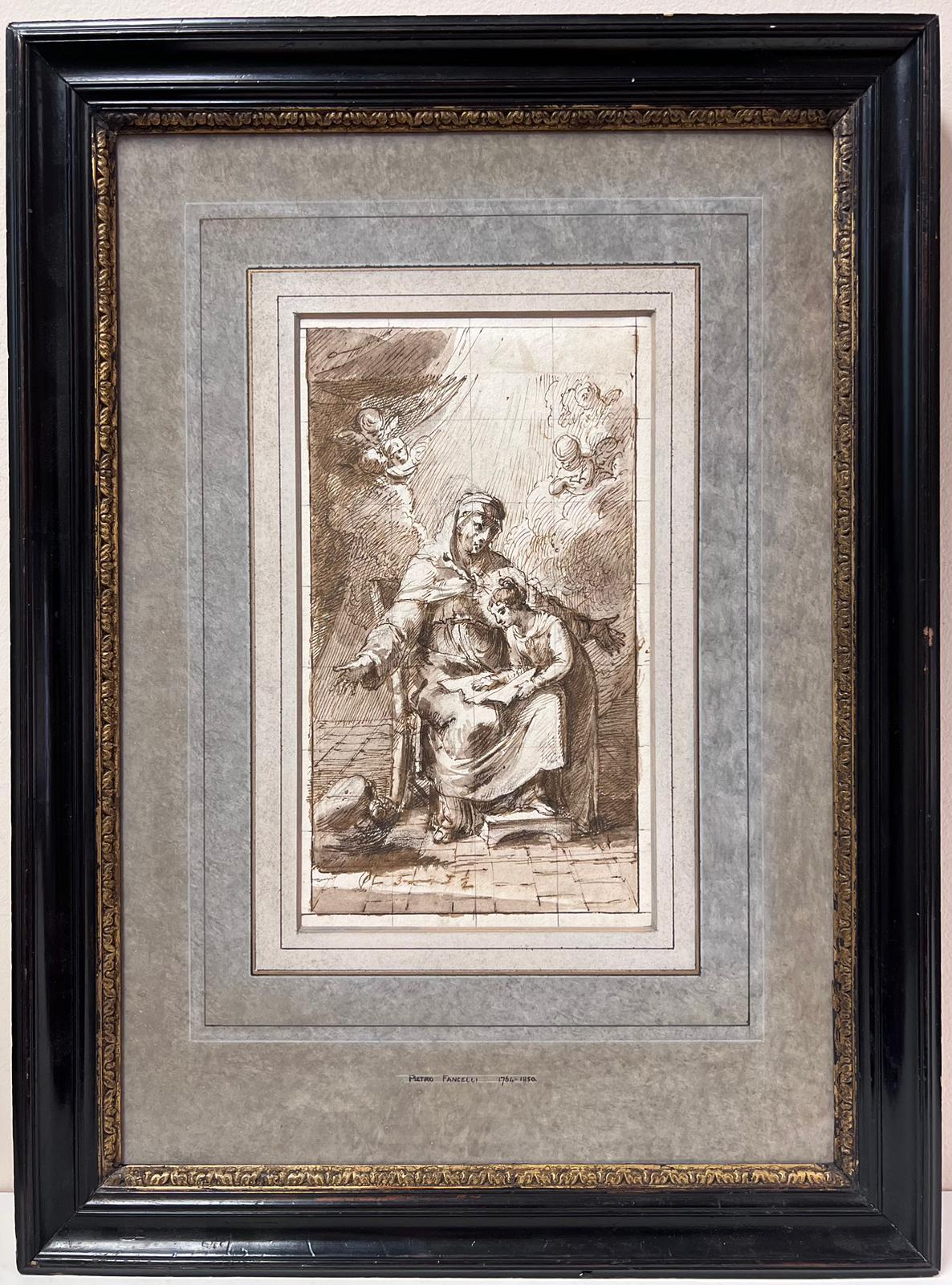 Figurative Painting di French School - Disegno a inchiostro e lavaggio di un antico maestro italiano Sant'Anna e la Vergine Maria con i cherubini