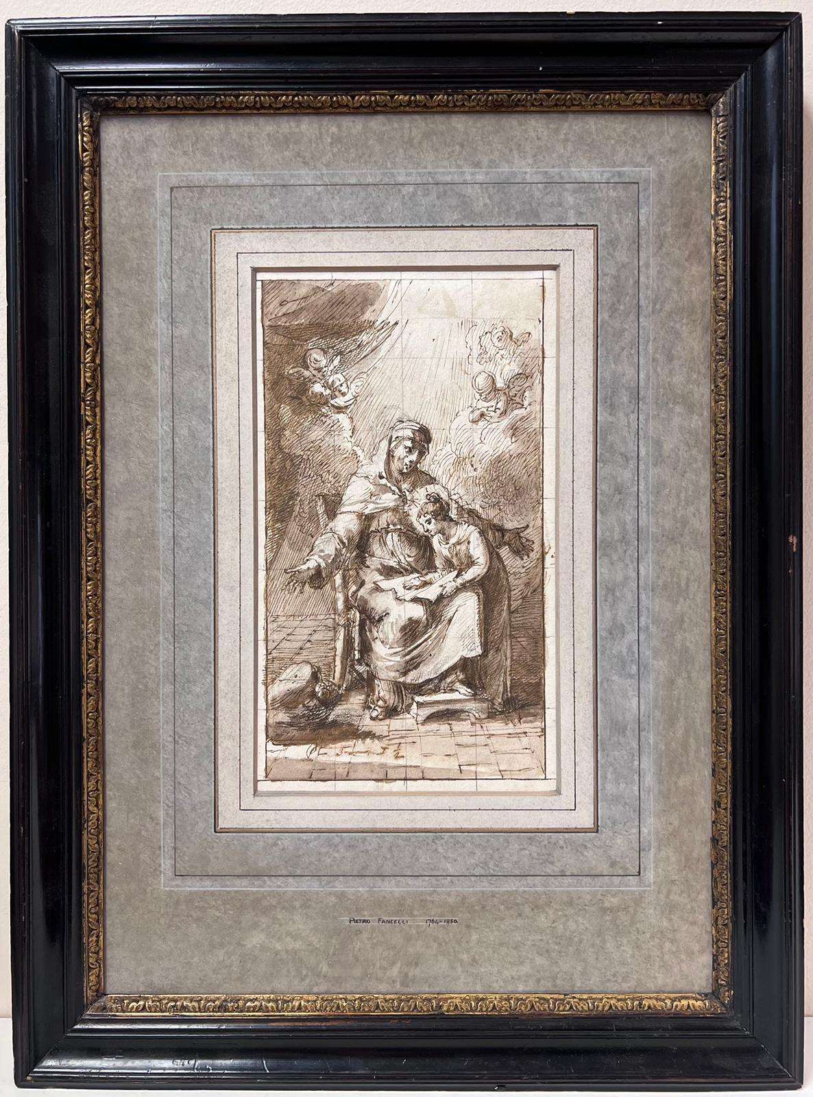 Encre et dessin italien de maître ancien représentant Sainte-Anne et la Vierge Marie avec chérubins