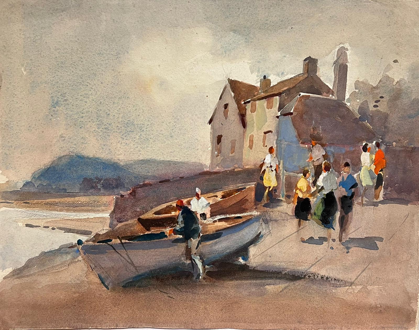 Frank Duffield Landscape Art – Britisches impressionistisches Gemälde Büstenfiguren von Ruderbooten aus der Mitte des 20. Jahrhunderts