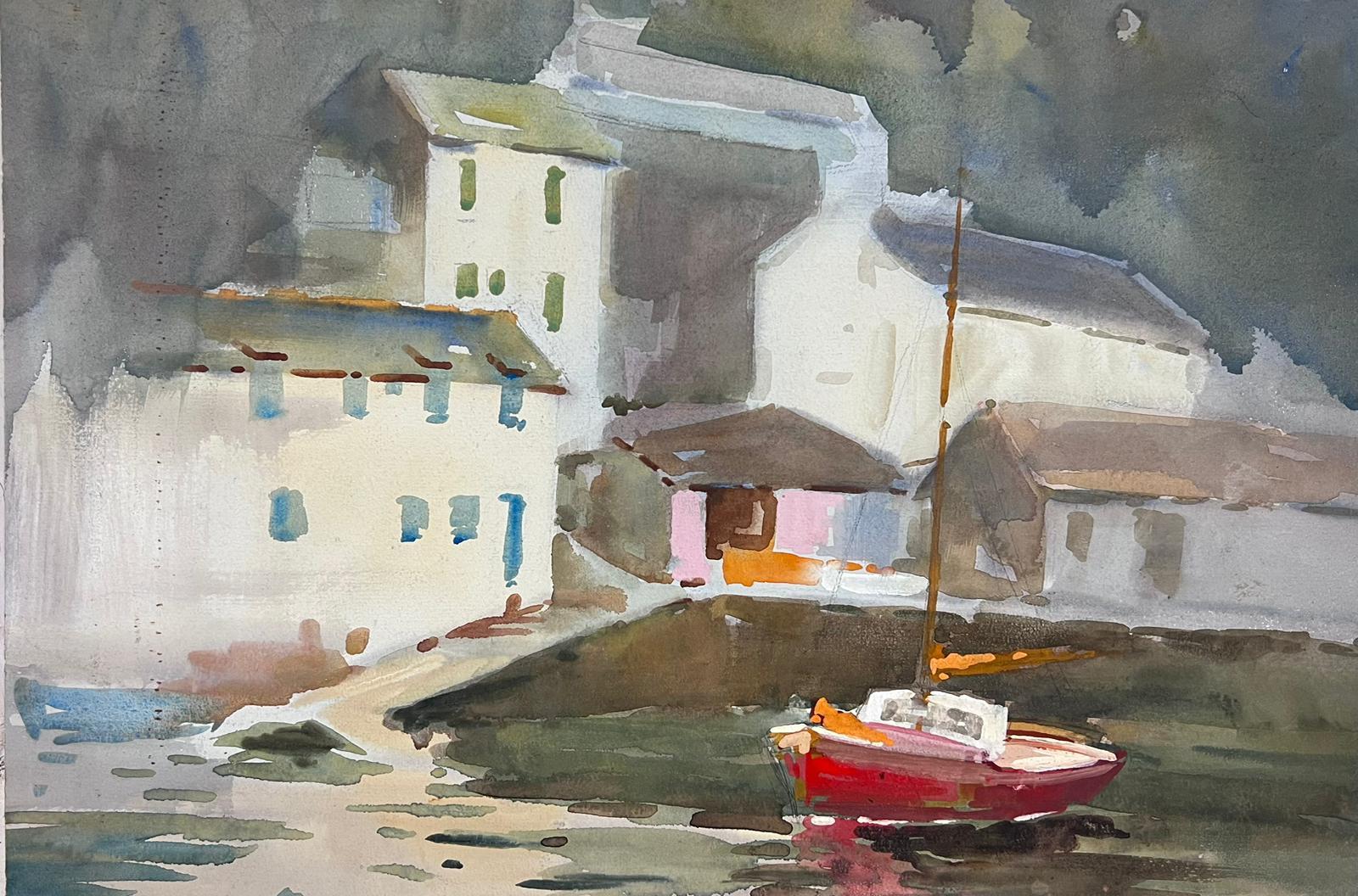 Britisches impressionistisches Gemälde eines roten Segelbootes in grauen Docks aus der Mitte des 20. Jahrhunderts