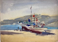 Vintage British Mid 20th Century Impressionist Painting Pair Of Boats Waiting On Sand
