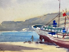 British Mid 20th Century Impressionist Painting Pair Of Boats Waiting On Sand