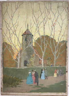 Pittura impressionista britannica della metà del XX secolo Figure eleganti che spettegolano