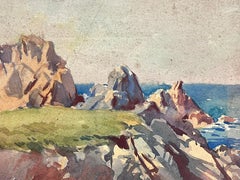 Rocky English Coastline Sea British Mid 20th Century Impressionist Painting 