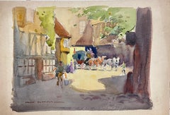 Horse & Carriage in Old English Village Lane 20th Century British Painting