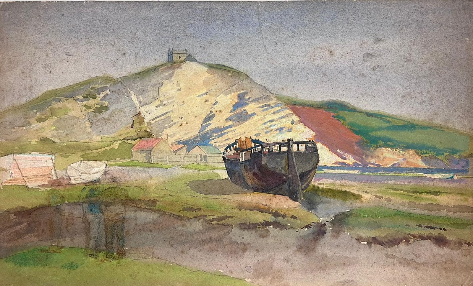 Frank Duffield Landscape Painting - Beached Wreck of a Boat Coastal Scene British 20thC Impressionist Painting 