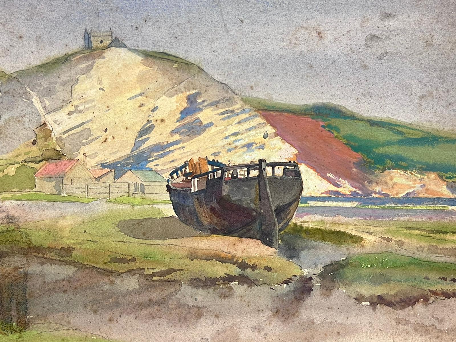 Beached Wreck of a Boat Coastal Scene British 20thC Impressionist Painting  For Sale 1