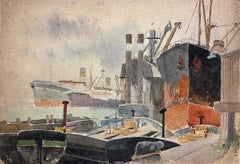 Industrial Ship Dockyard British Mid 20th Century Impressionist Painting 
