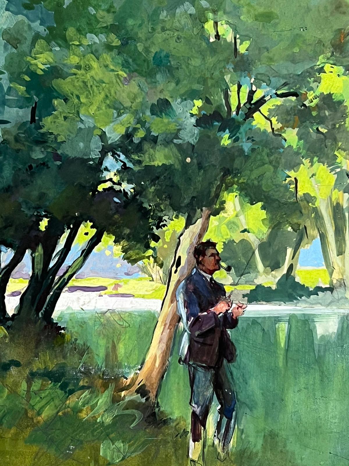 Peinture impressionniste britannique du milieu du 20e siècle Homme debout dans un champ vert - Impressionnisme Painting par Frank Duffield