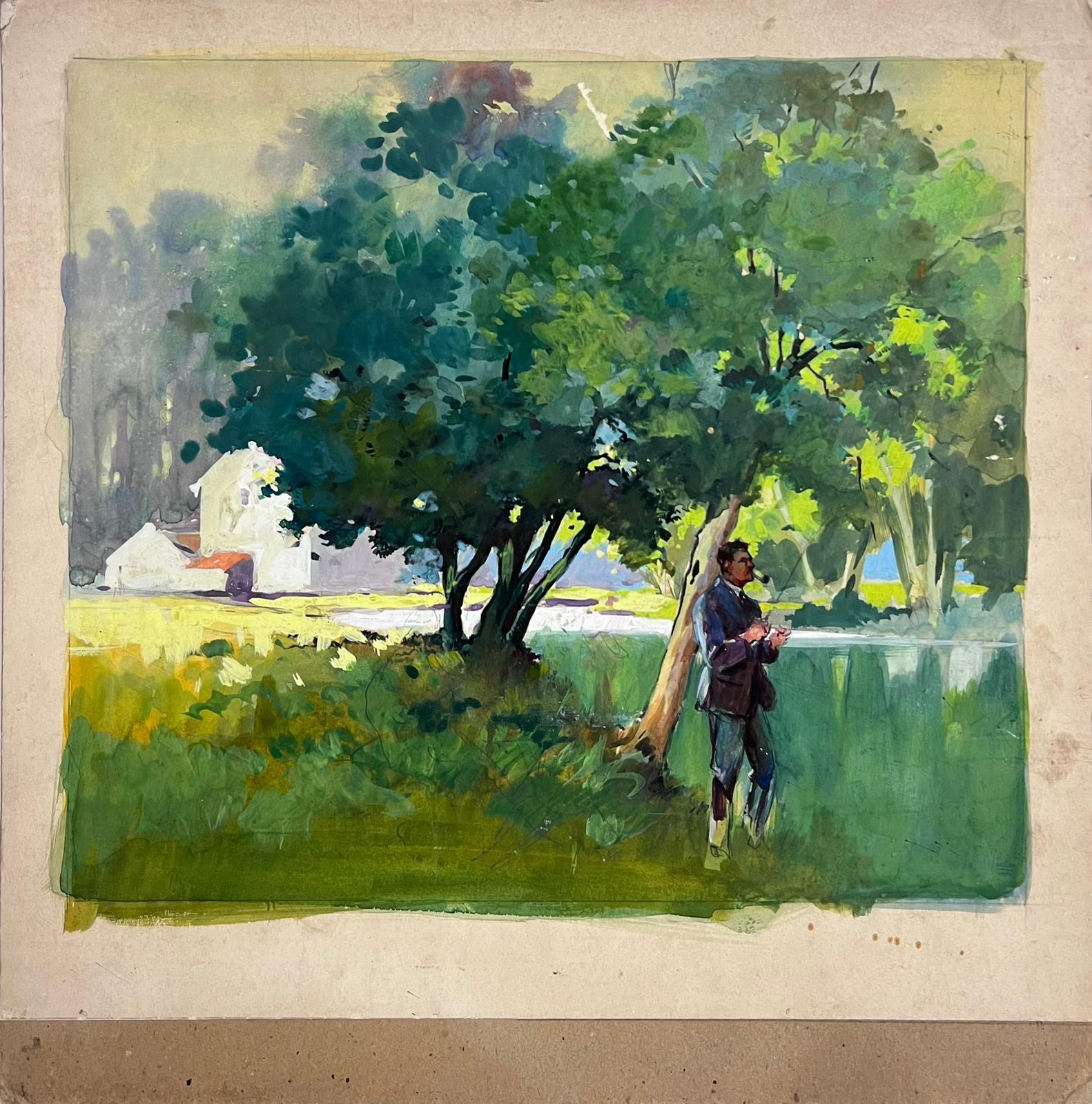 Peinture impressionniste britannique du milieu du 20e siècle Homme debout dans un champ vert - Painting de Frank Duffield