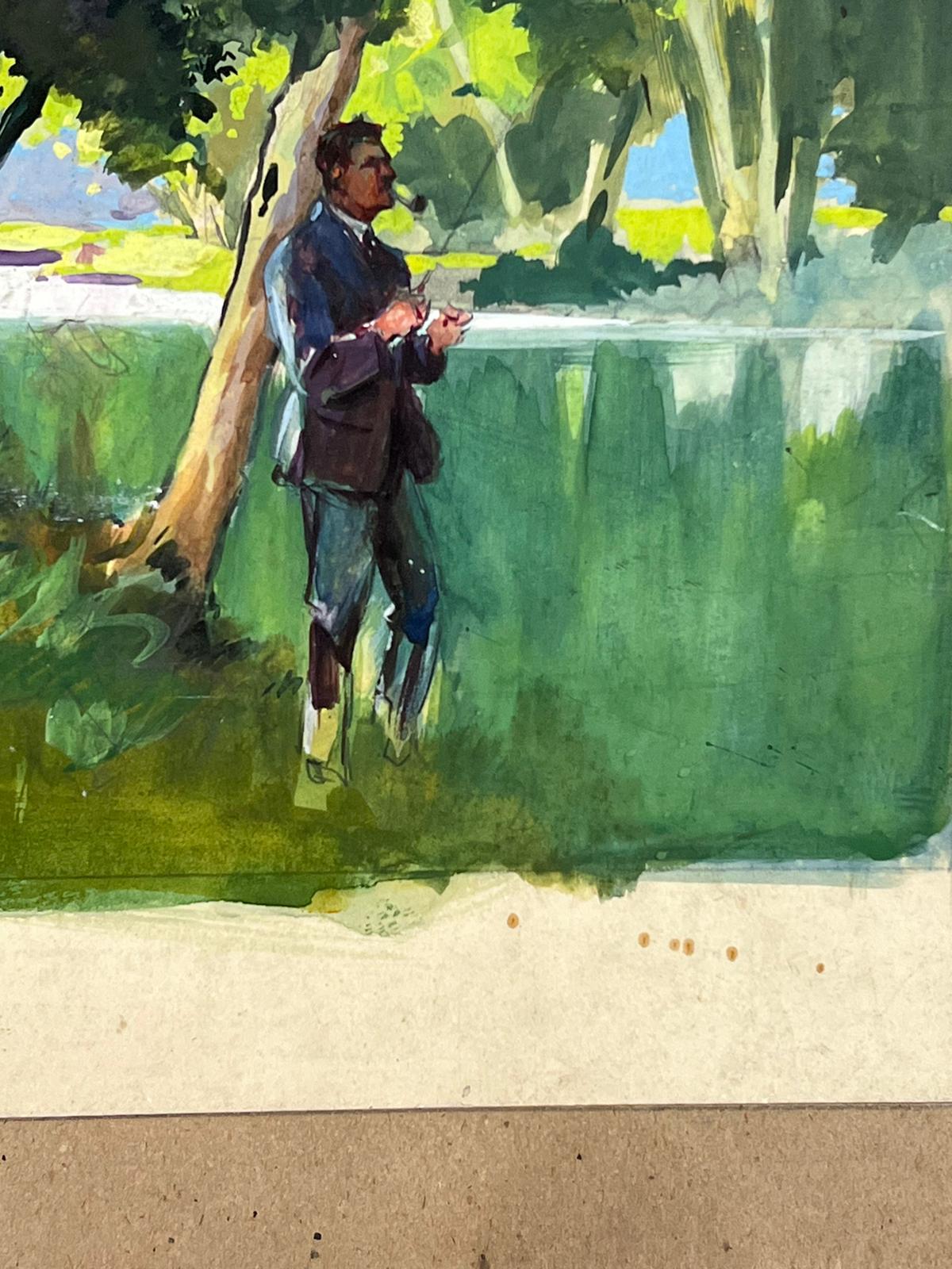British Mid 20th Century Impressionist Painting Man Standing in Green Field For Sale 3