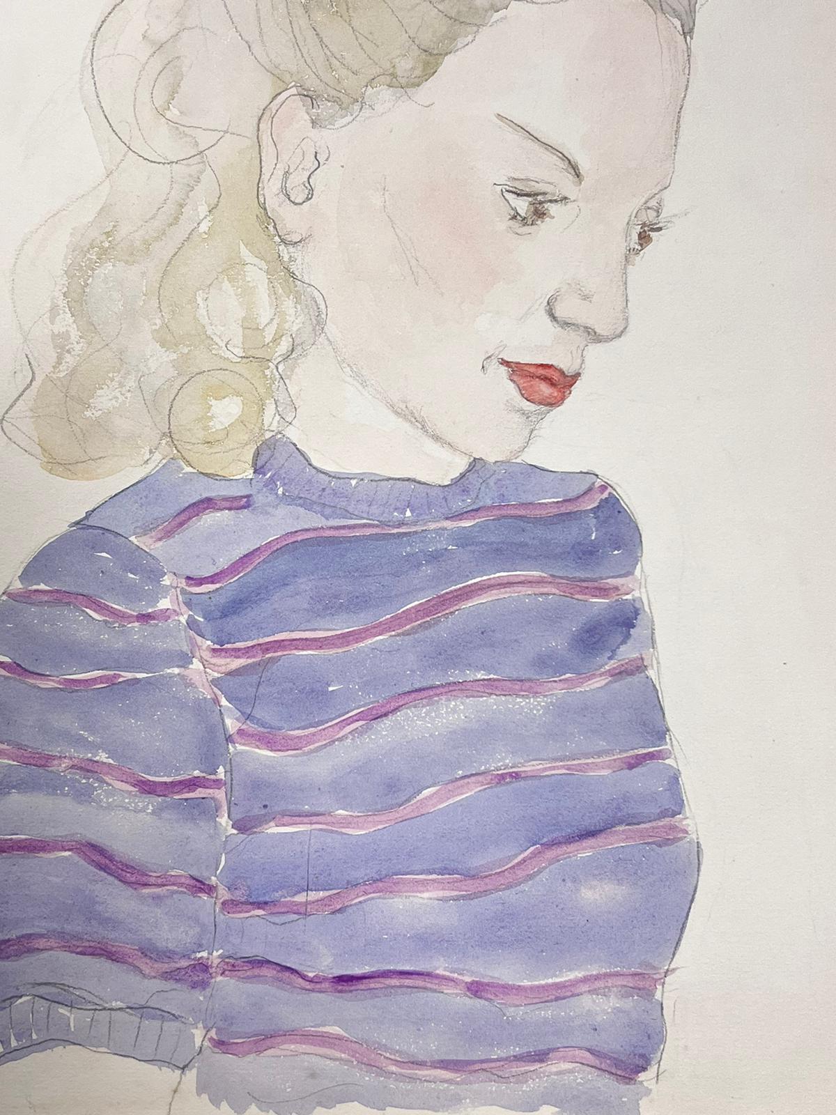 Porträt einer eleganten jungen Dame aus der Gesellschaft in Lila mit Streifen auf dem Oberteil, exquisite Zeichnung  – Art von Marjorie Schiele (1913-2008)