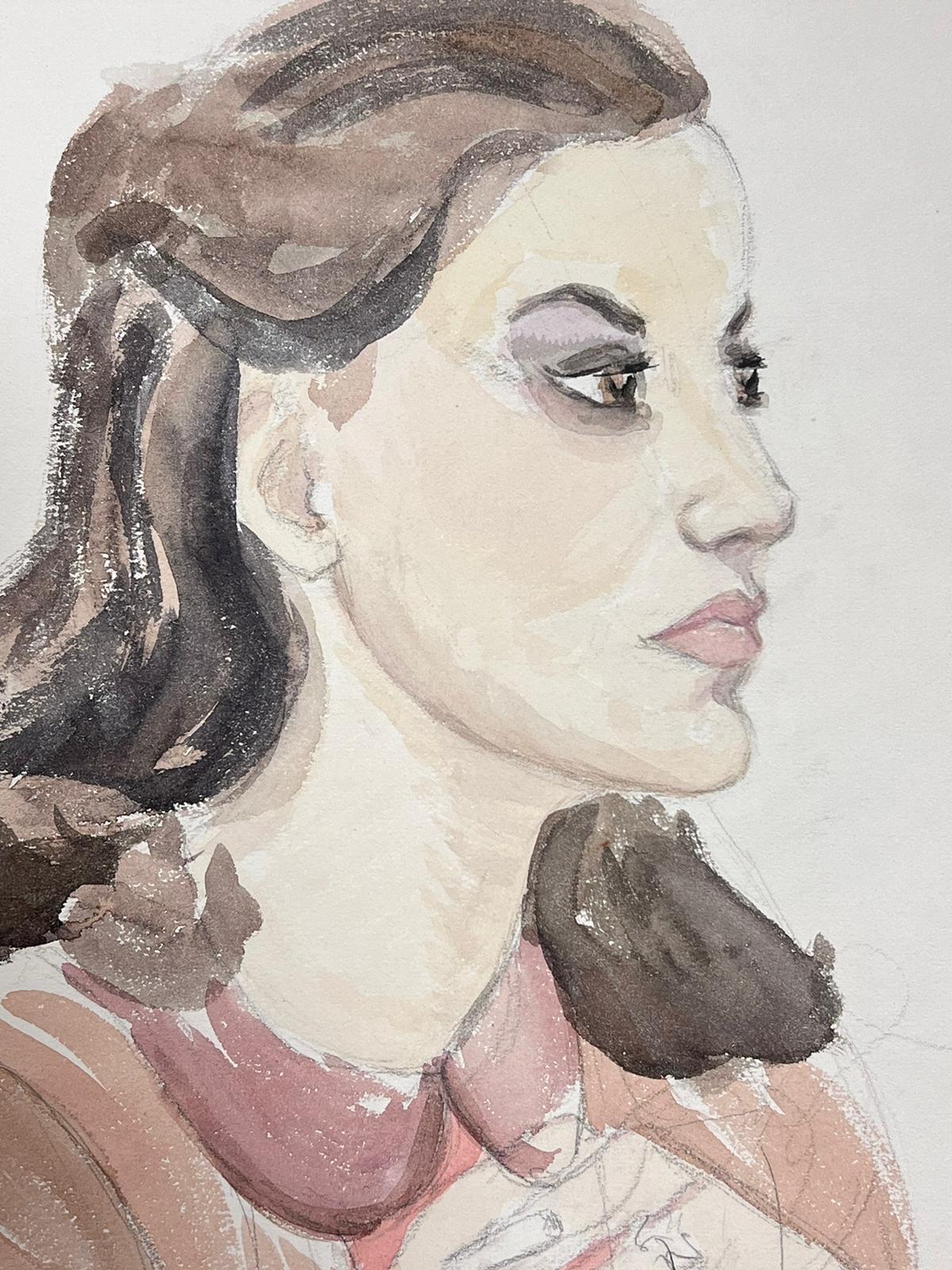 Portrait d'élégante jeune femme dans un chemisier rose, dessin exquis - Painting de Marjorie Schiele (1913-2008)