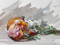 French Impressionist Watercolour Still Life Pomegranate and Daisy Bunch Painting