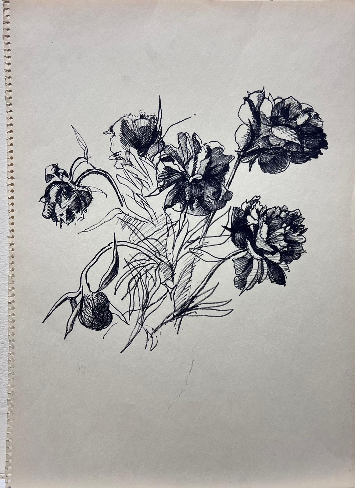 Delicate Tintenskizze von Pfingstrosen Minimalistische floraler Studie – Art von French School
