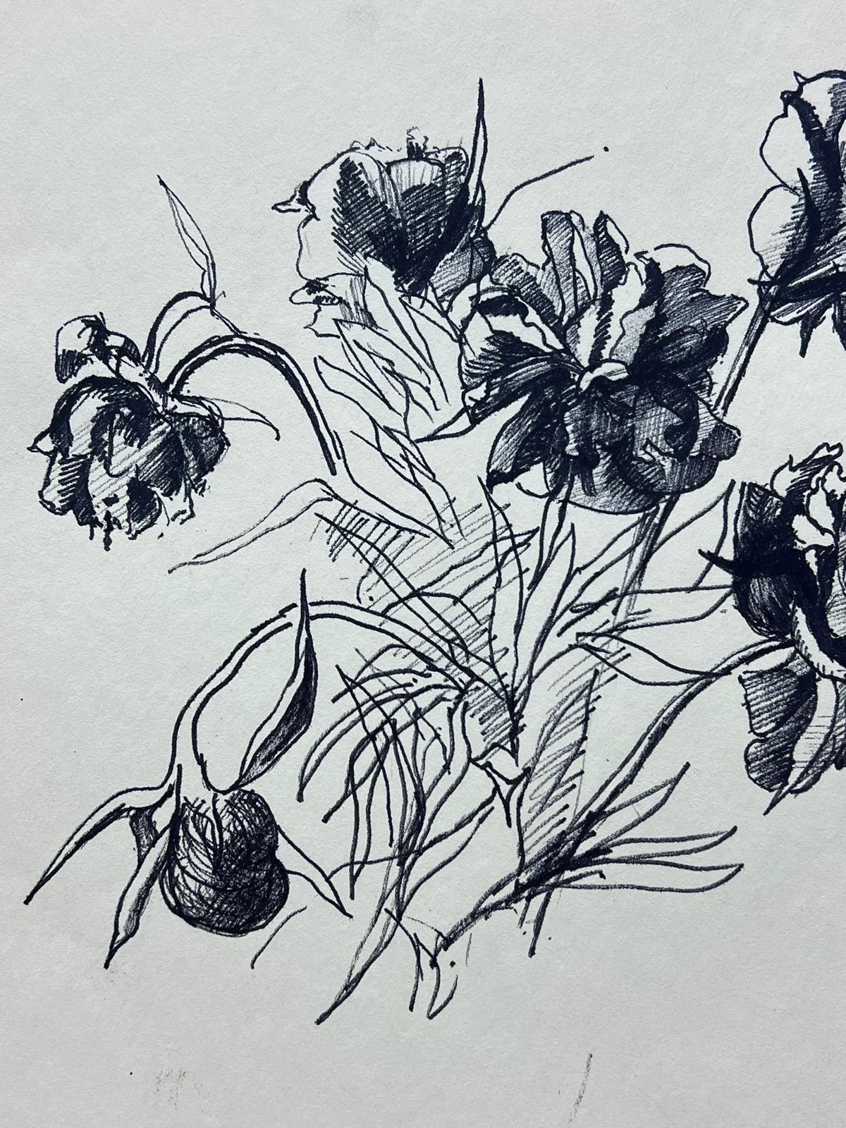 Delicate Tintenskizze von Pfingstrosen Minimalistische floraler Studie (Grau), Interior Art, von French School