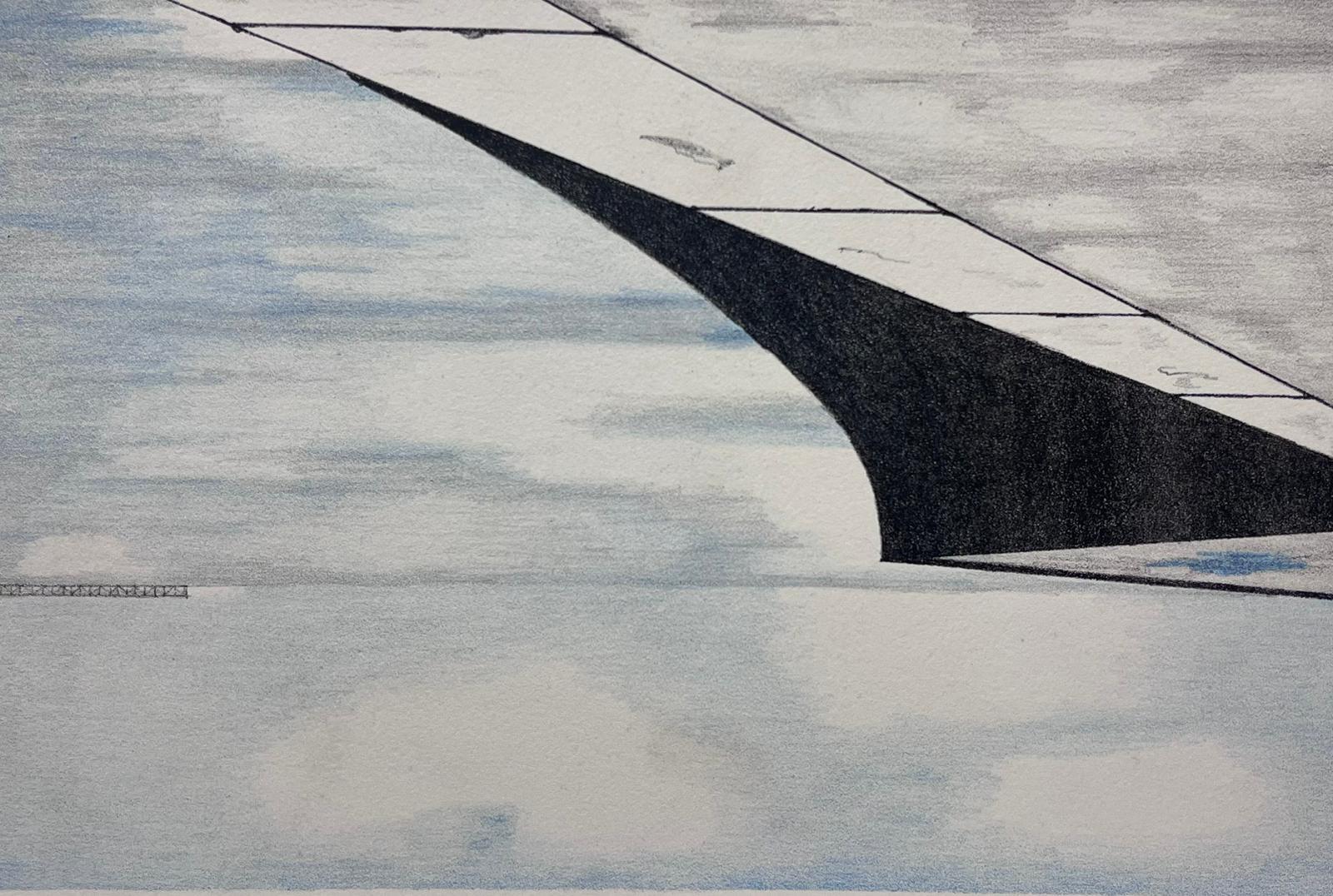 French School Abstract Painting – Minimalistische Luftperspektive eines Flugzeugflügels Zeitgenössisches Kunstwerk