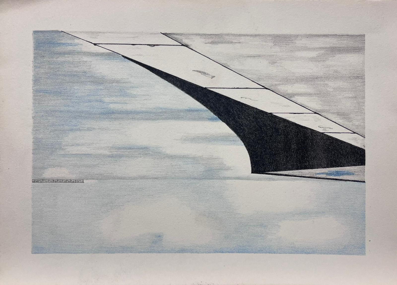 Minimalistische Luftperspektive eines Flugzeugflügels Zeitgenössisches Kunstwerk – Painting von French School
