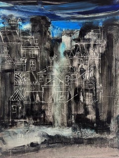 Paesaggio urbano astratto, blu e grigio, con schizzi architettonici