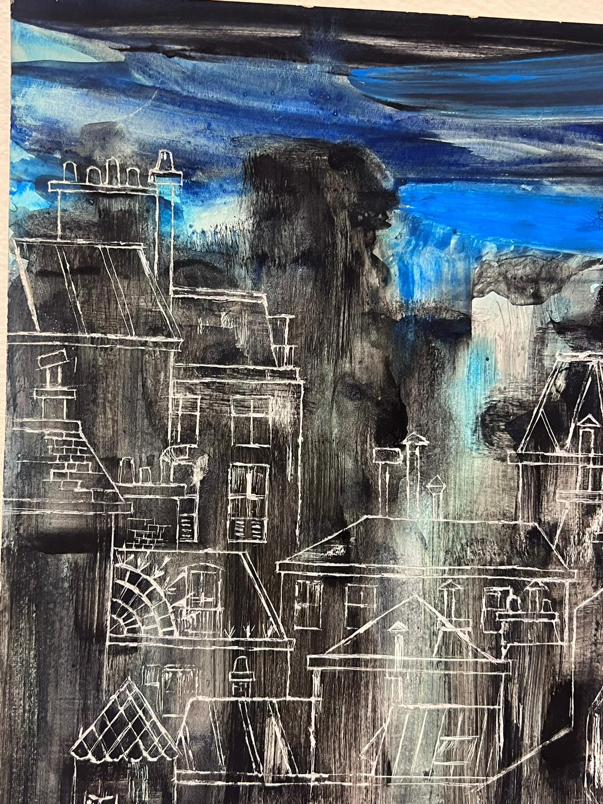 Paysage urbain abstrait bleu et gris d'ambiance avec croquis architecturaux - Abstrait Art par French School