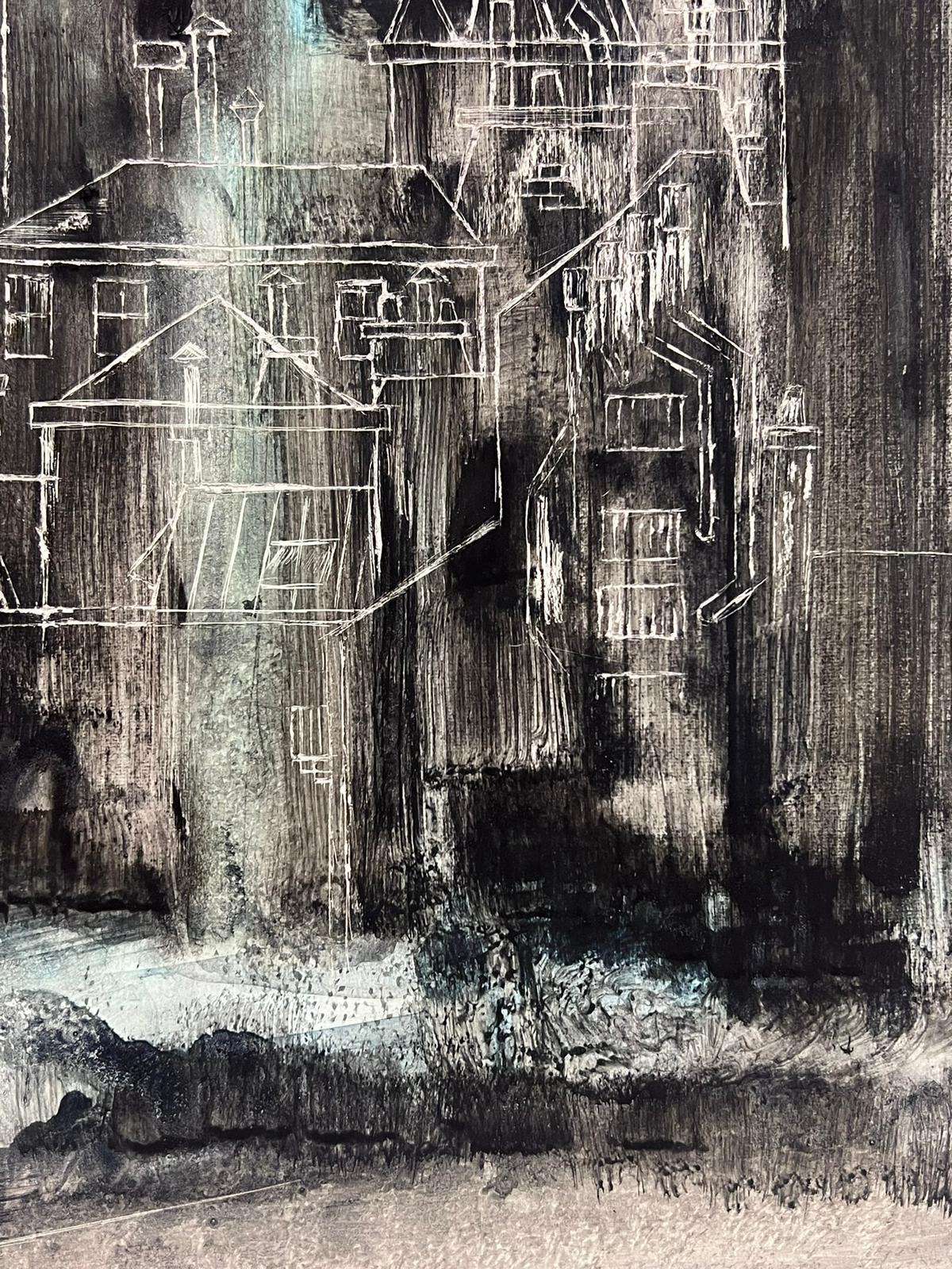 Paysage urbain abstrait bleu et gris d'ambiance avec croquis architecturaux - Gris Abstract Drawing par French School