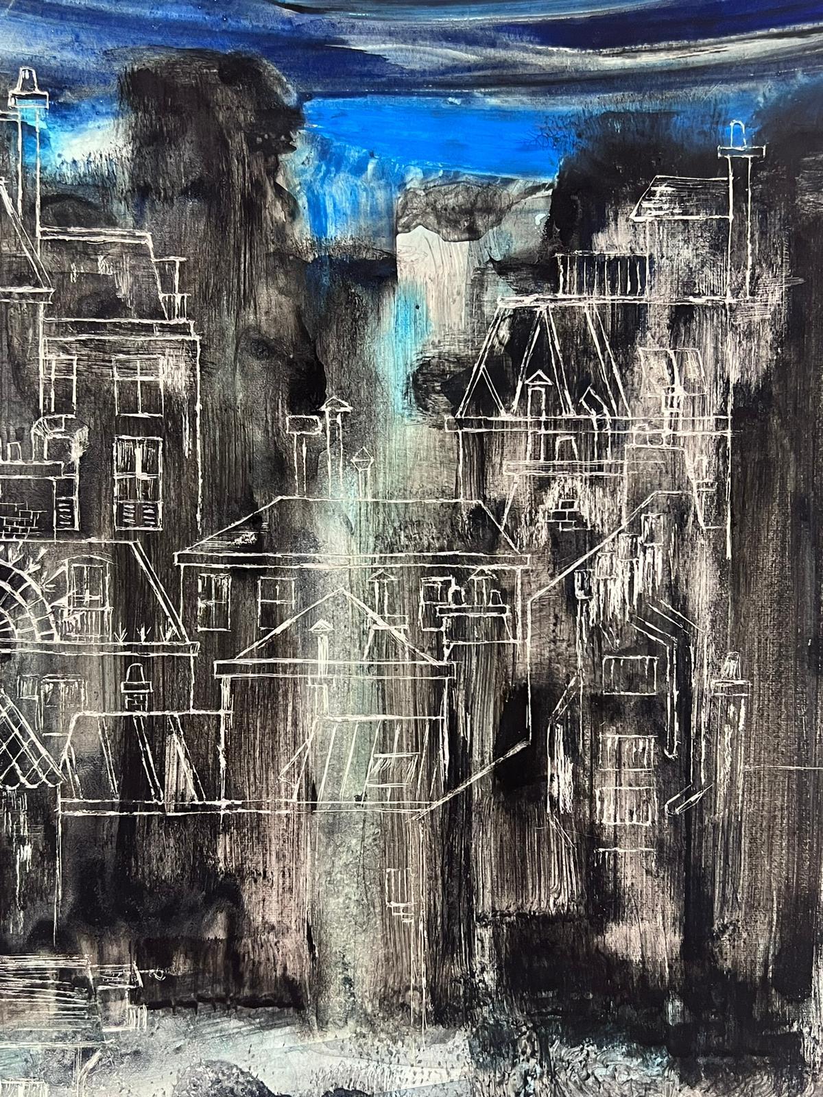 Paysage urbain abstrait Moody
aquarelle/gouache sur papier d'artiste
peinture : 12.75 x 9.75 pouces
provenance : collection privée, Angleterre
état : très bon et sain

Description :
Cette œuvre d'art mixte captivante combine des coups de pinceau