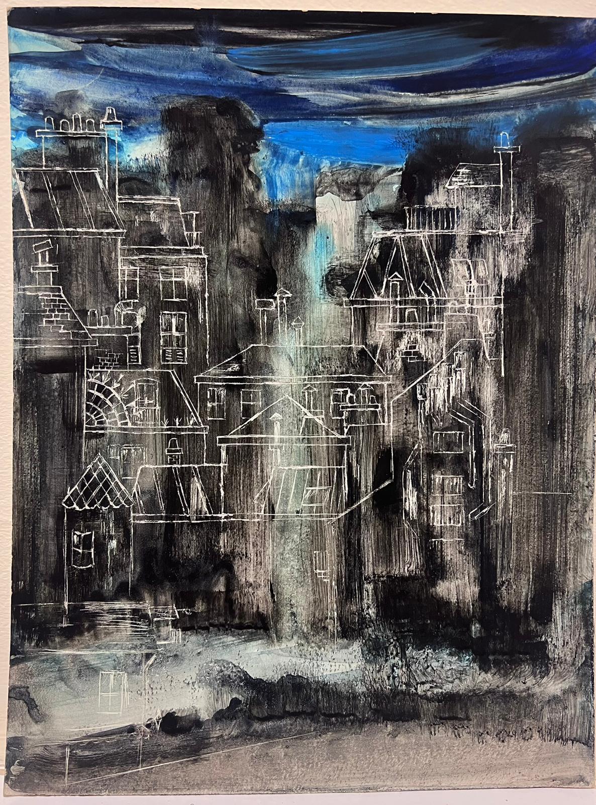 Paysage urbain abstrait bleu et gris d'ambiance avec croquis architecturaux - Art de French School