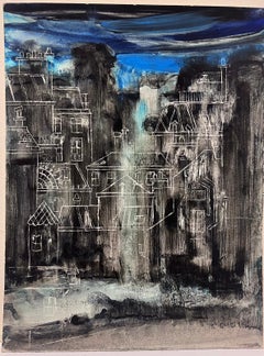 Moody Abstract Urban Blue and Grey Landscape with Architectural Sketches