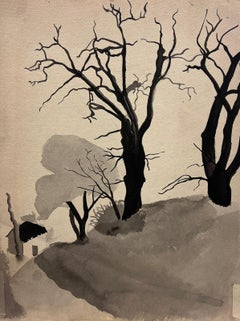 Un paysage Stark d'arbres dénudés à l'encre et à l'aquarelle monochromes