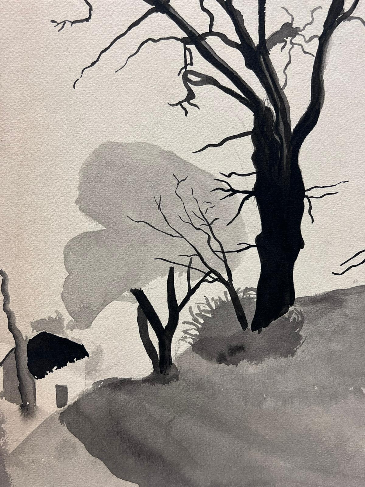 Eine starke Landschaft mit kahlen Bäumen in monochromer Tinte und Aquarell – Art von French School