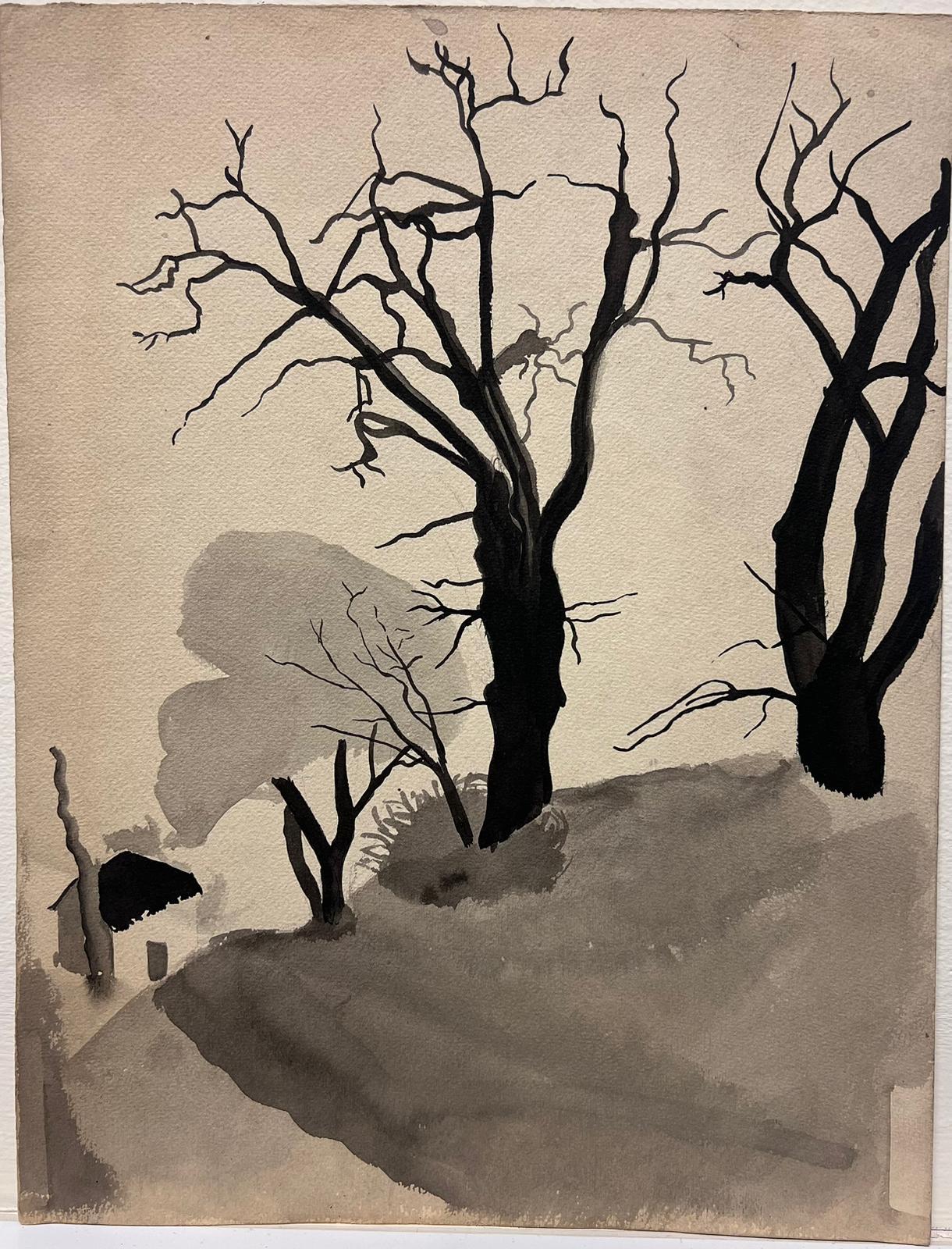 Eine starke Landschaft mit kahlen Bäumen in monochromer Tinte und Aquarell (Braun), Landscape Art, von French School