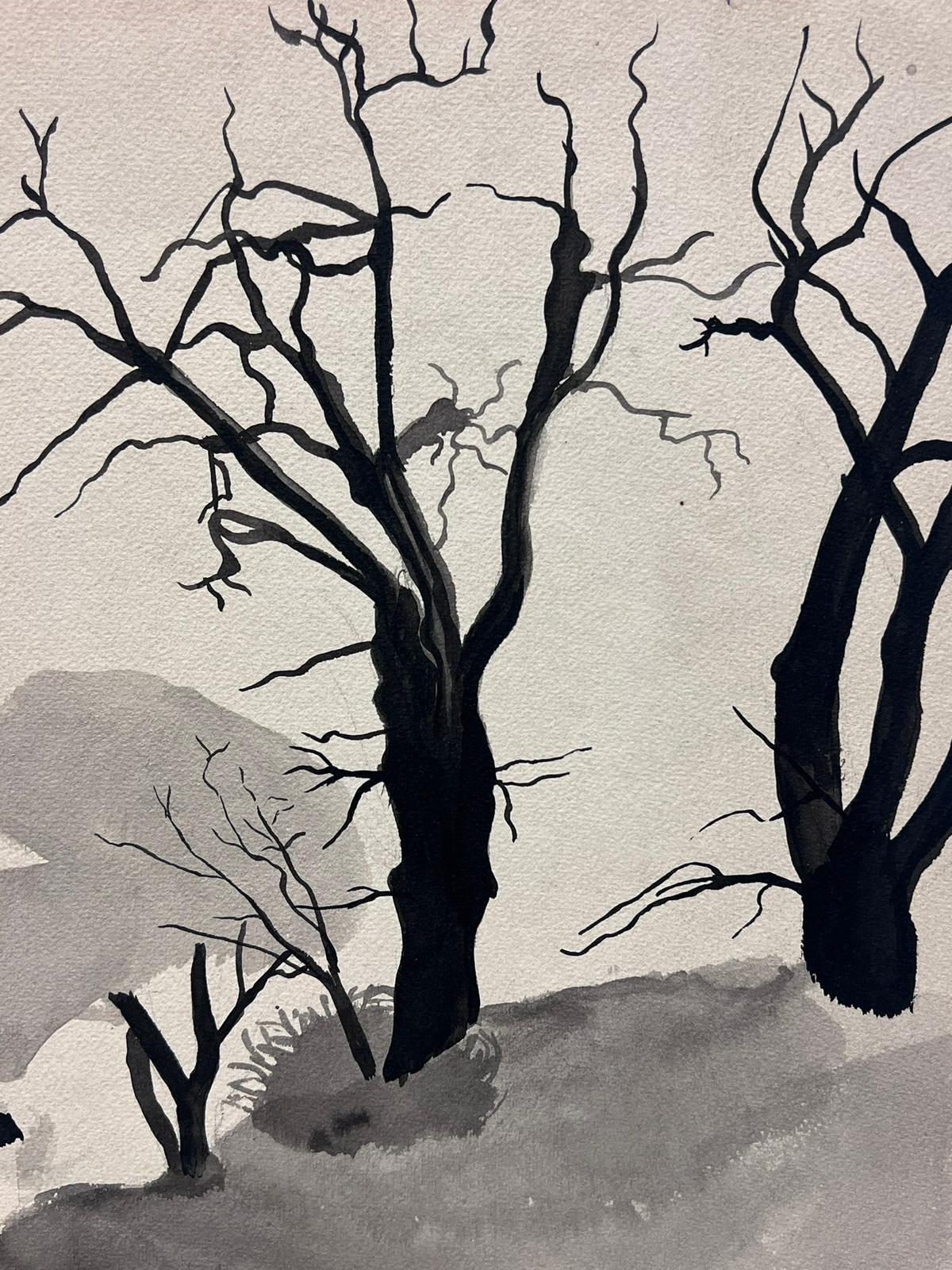 Eine starke Landschaft mit kahlen Bäumen in monochromer Tinte und Aquarell (Impressionismus), Art, von French School