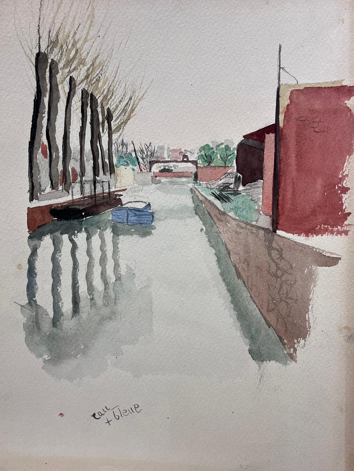 Canal Scene in Watercolour Narrow Waterway with Leafless Trees and Reflections - Painting by French School