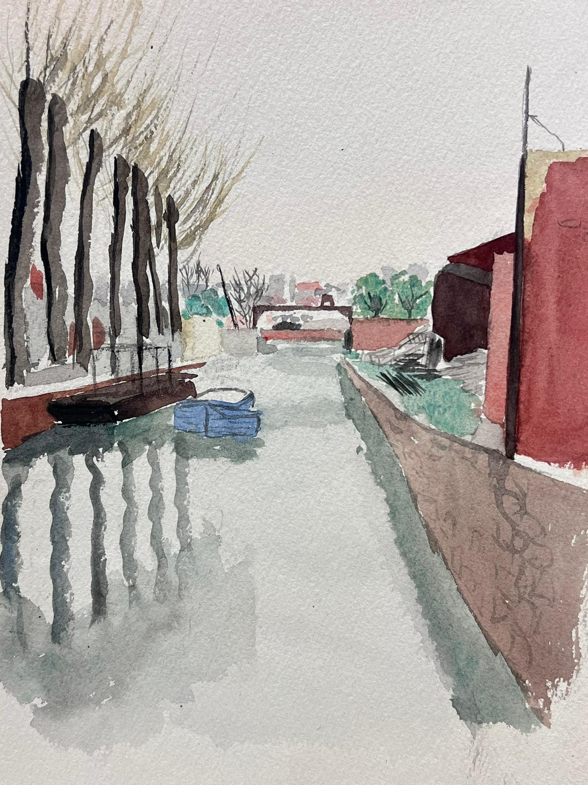 Canal Scene in Watercolour Narrow Waterway with Leafless Trees and Reflections - Impressionist Painting by French School