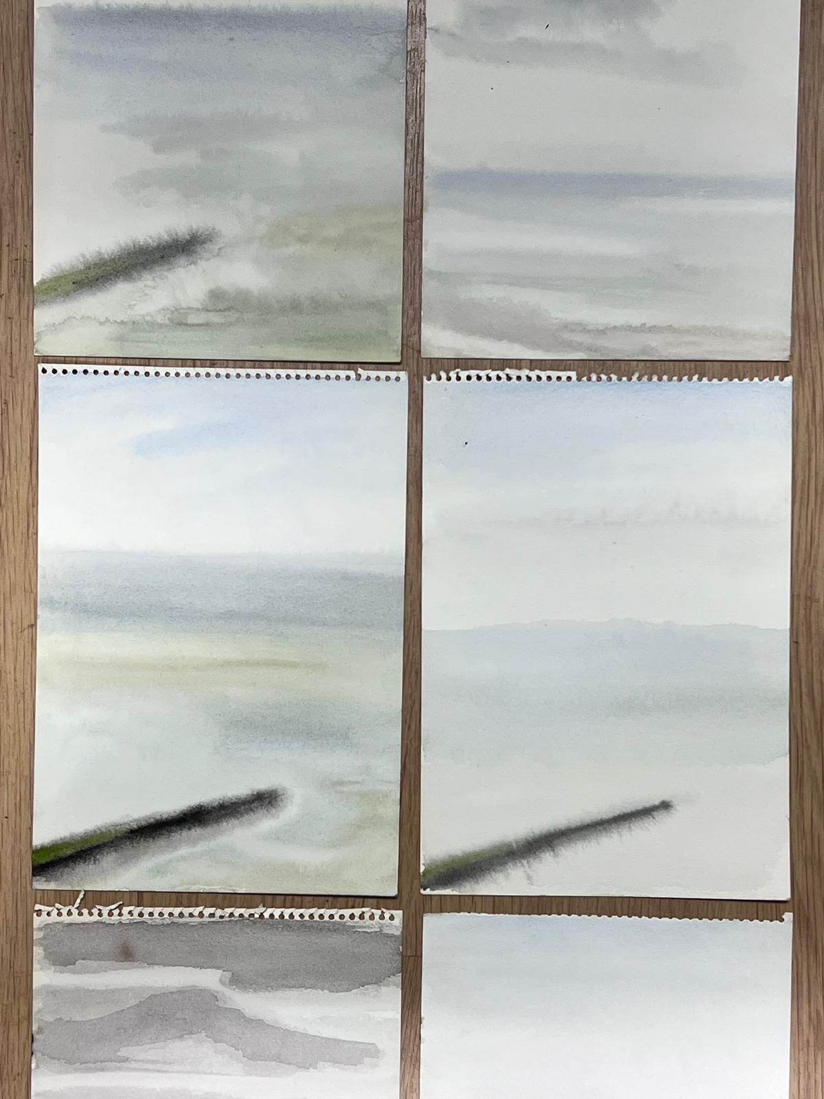 Conjunto de seis series de acuarelas minimalistas de paisajes costeros junto al mar - Animal Art Negro de French School