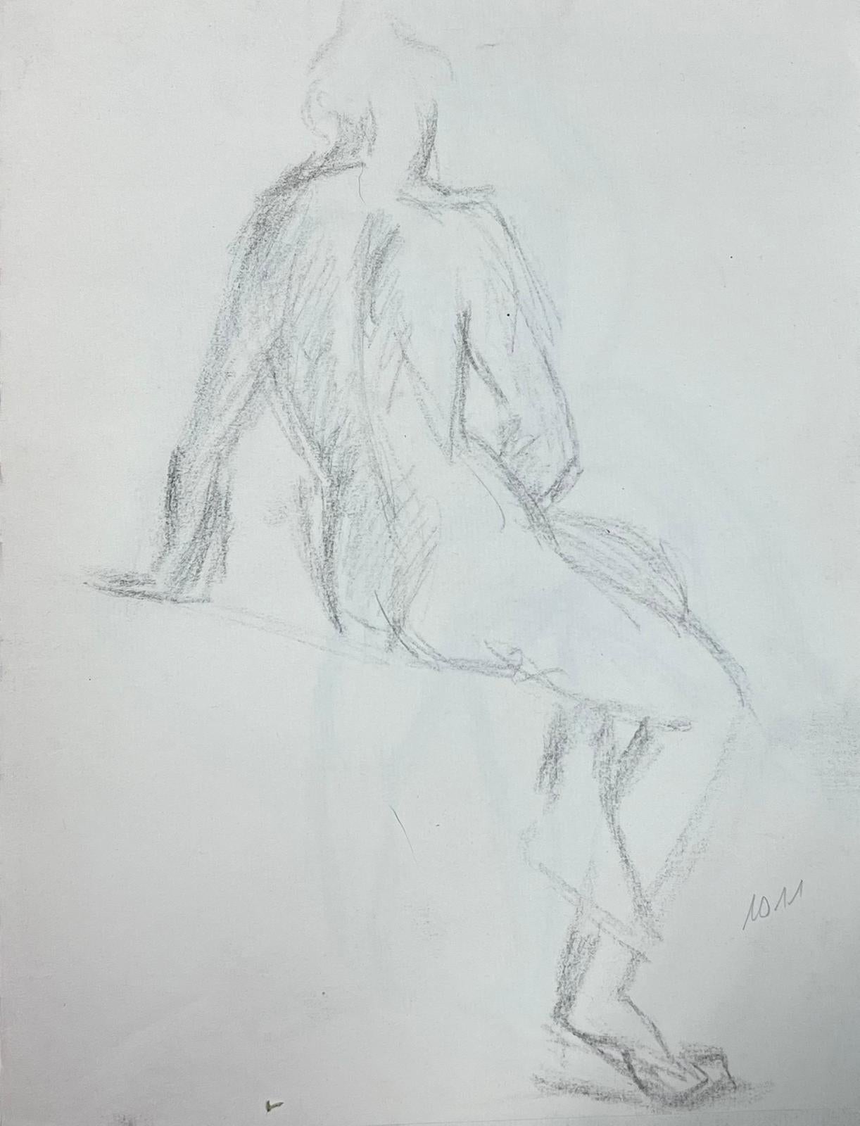 French School Nude – Französische sitzende Figur, Skizze einer Pensive-Sketchzeichnung eines sitzenden Akts in Profil