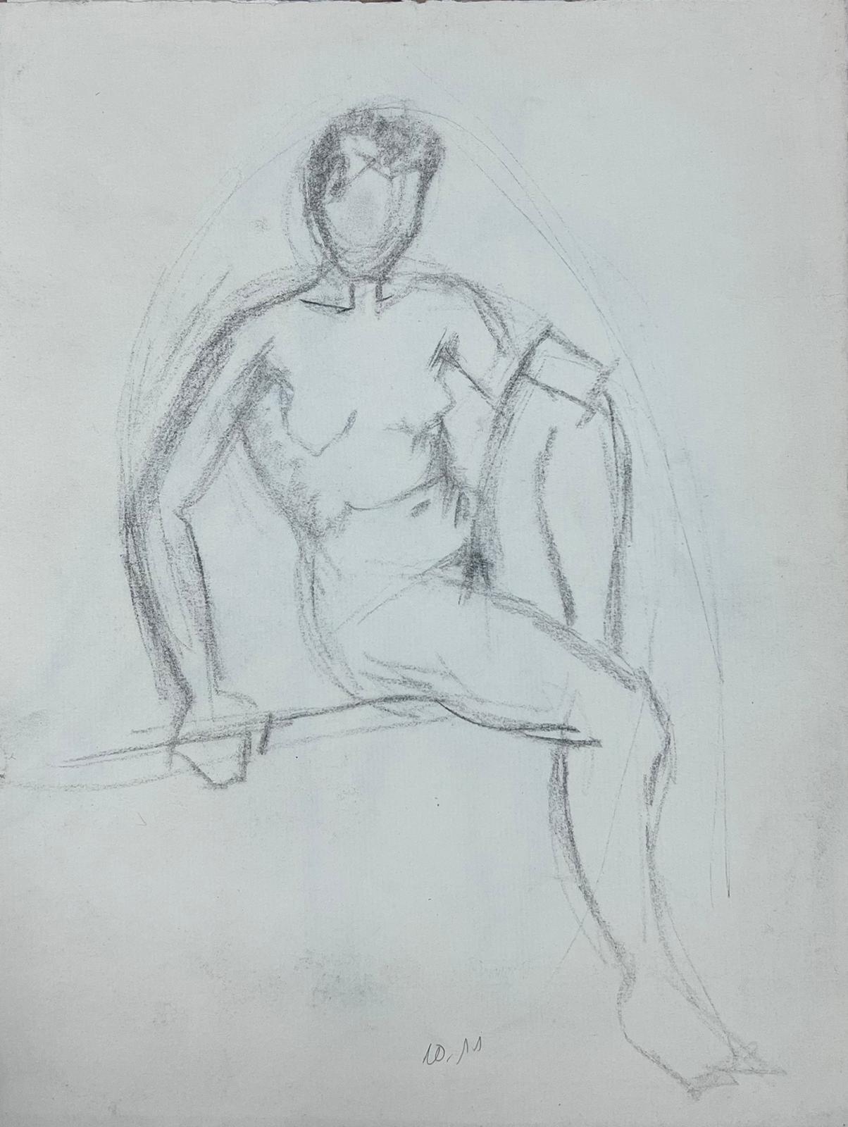 Französische sitzende Figur, Skizze einer Pensive-Sketchzeichnung eines sitzenden Akts in Profil – Art von French School