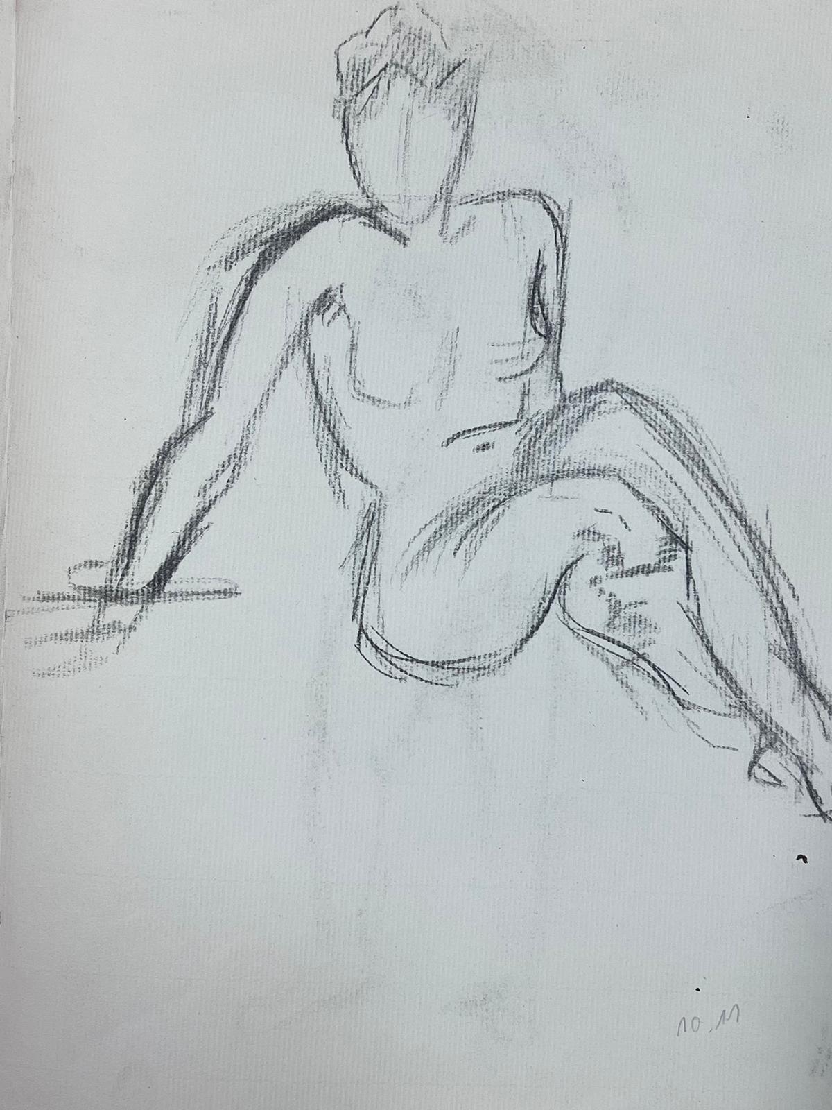 Französische sitzende Figur, Skizze einer Pensive-Sketchzeichnung eines sitzenden Akts in Profil (Impressionismus), Art, von French School