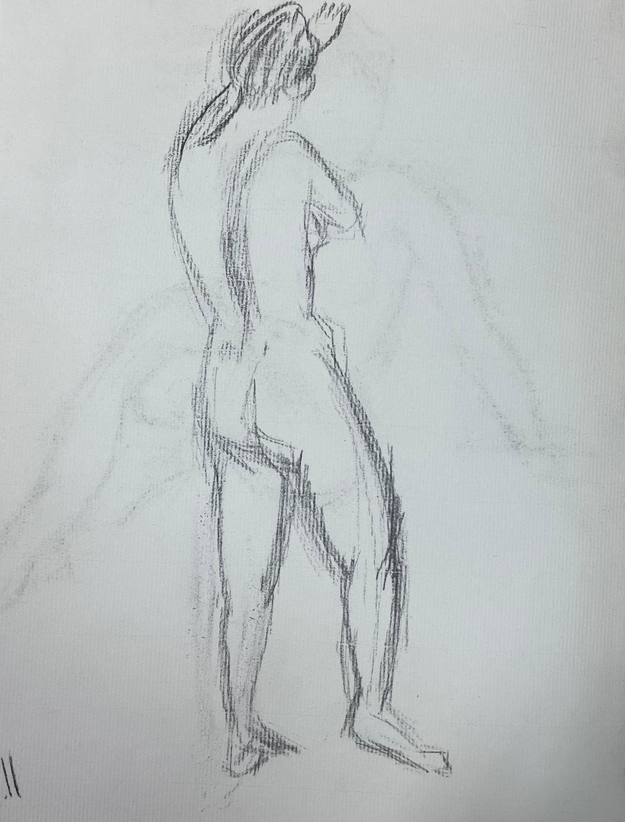 Französische sitzende Figur, Skizze einer Pensive-Sketchzeichnung eines sitzenden Akts in Profil (Grau), Nude, von French School