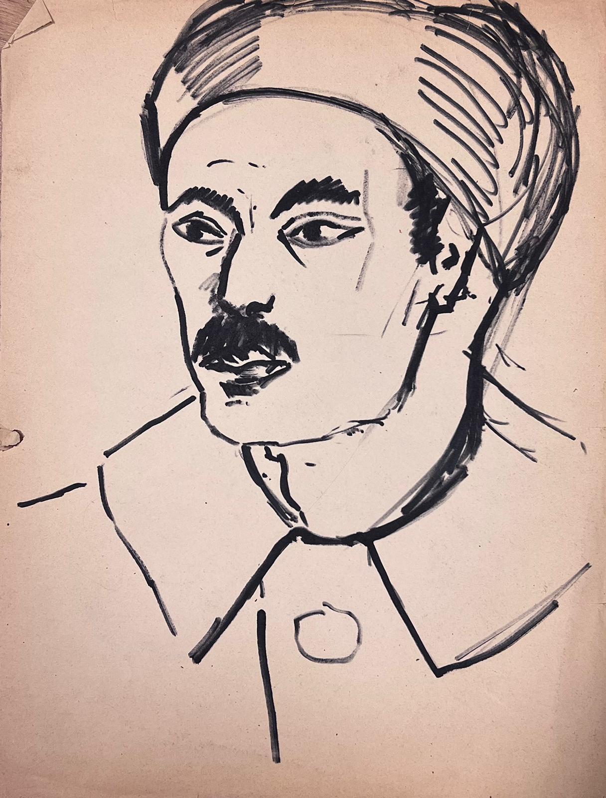 French School Portrait Painting – Französische Zeichnung eines Mannes im Pariser Stil mit kühnem Moustache und Beret 