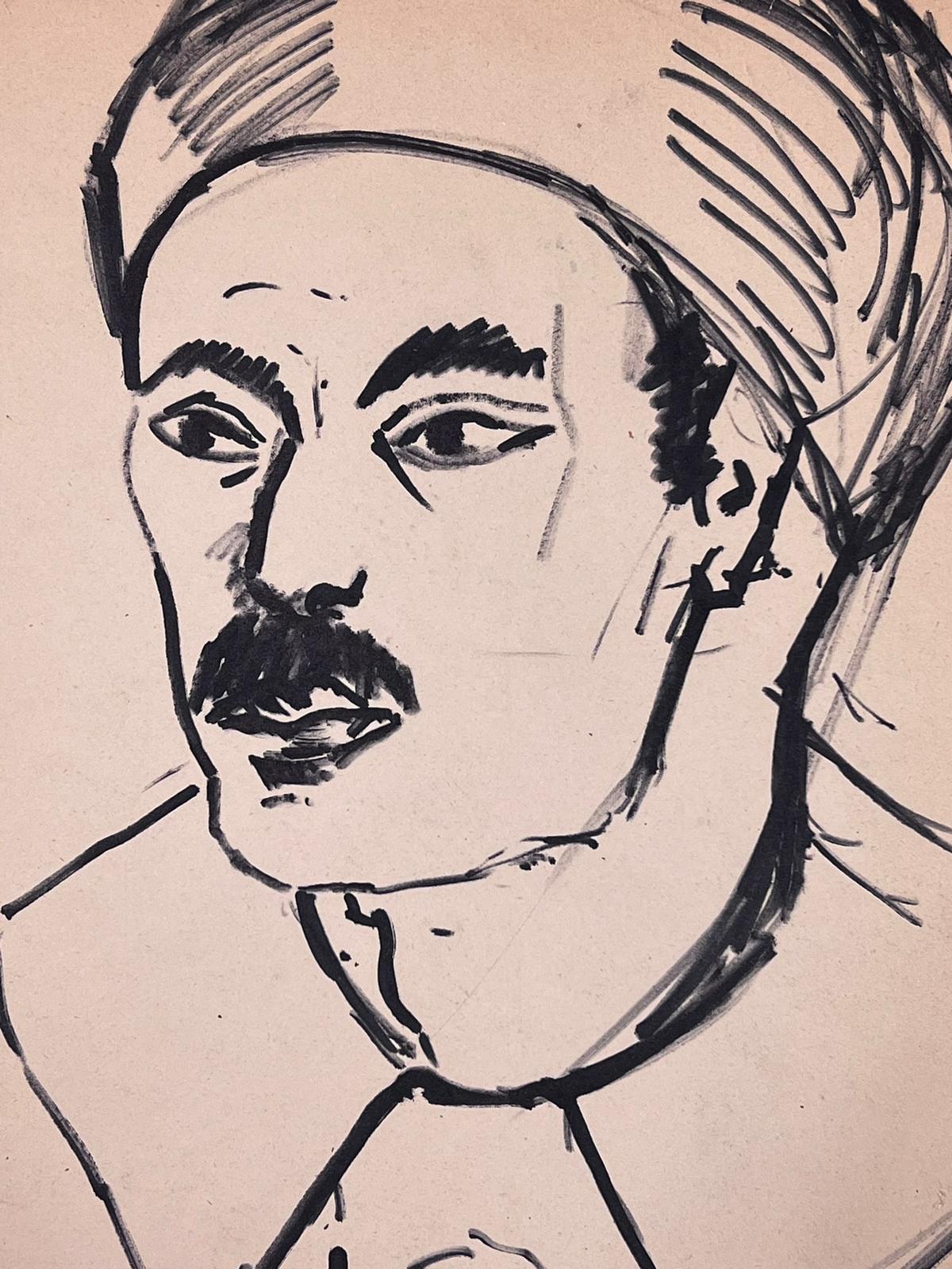 Französische Zeichnung eines Mannes im Pariser Stil mit kühnem Moustache und Beret  – Painting von French School