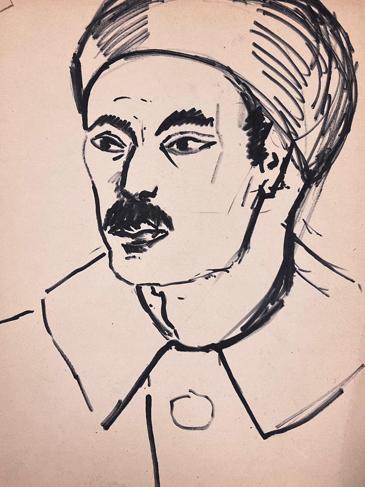 French Drawing Of A Parisian Style Man With A Bold Moustache and Beret  - Impressionist Painting by French School