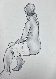 Vintage Mid 20th Century Nude Figure Posed Away Pencil Drawing