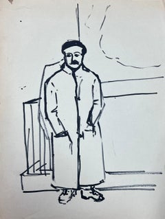 Dessin français d'un homme de style parisien en long trench-coat et béret
