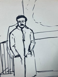 French Drawing Of A Parisian Style Man In Long Trench Coat and Beret