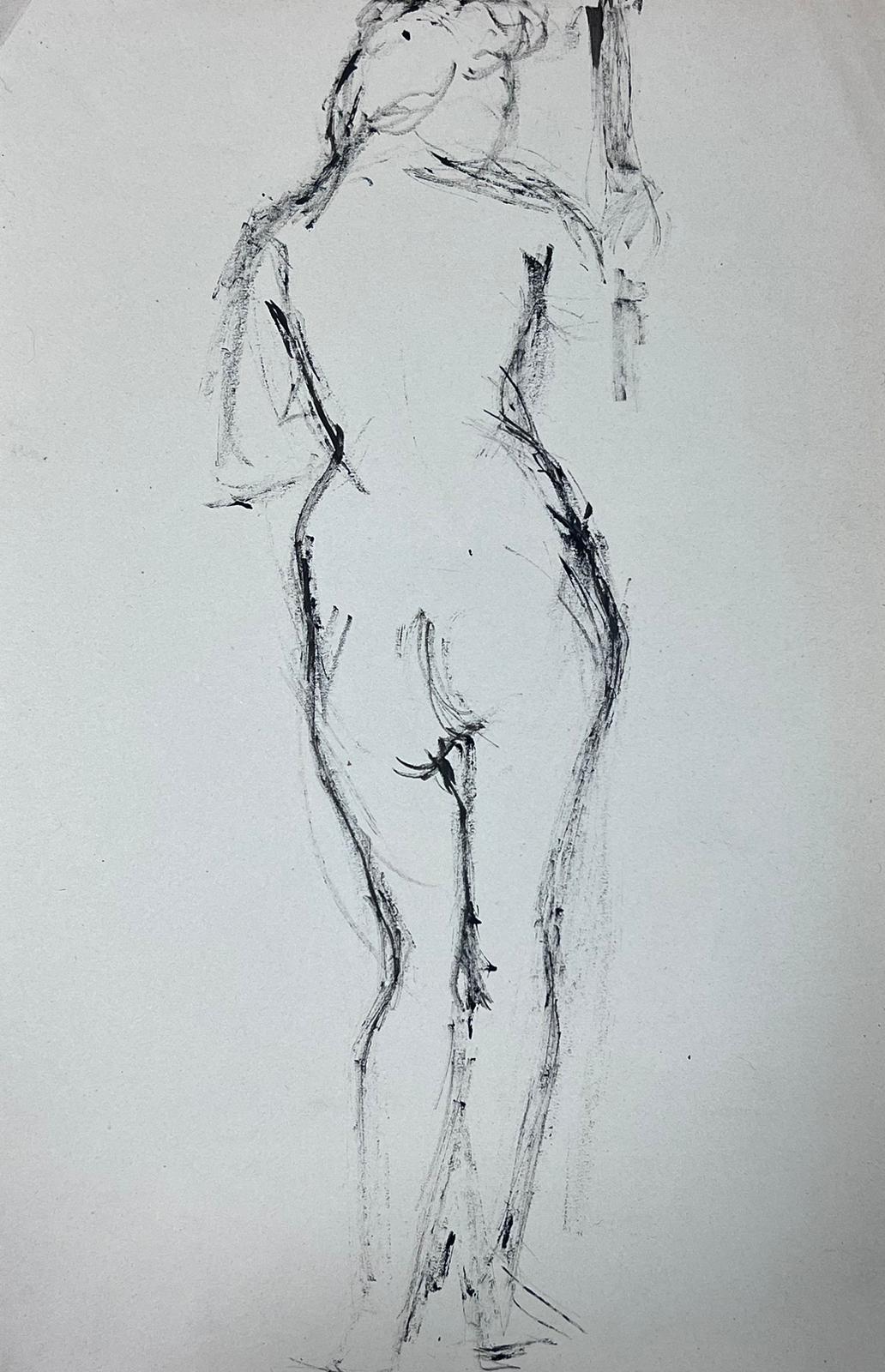Französische expressionistische Kohleskizze einer stehenden nackten Figur, Französisch