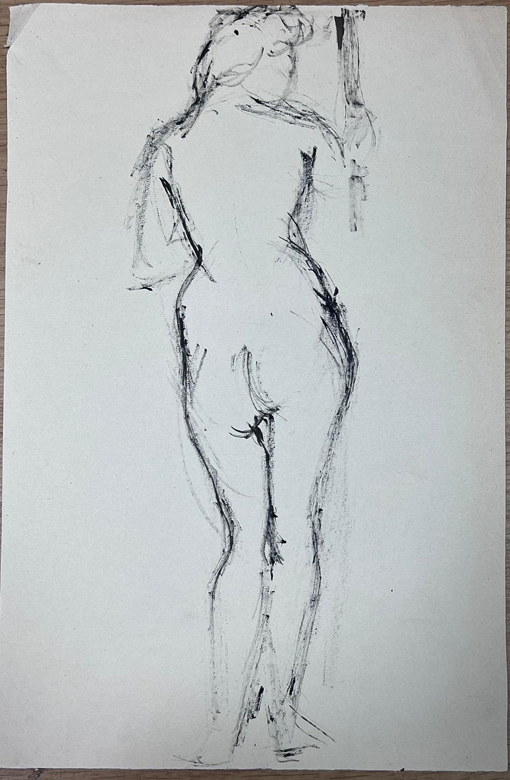 Schizzo espressivo francese a carboncino di una figura nuda in piedi - Art di French School