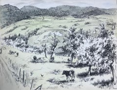 Dessin de paysage original français du milieu du siècle Les vaches dans l'oliveraie