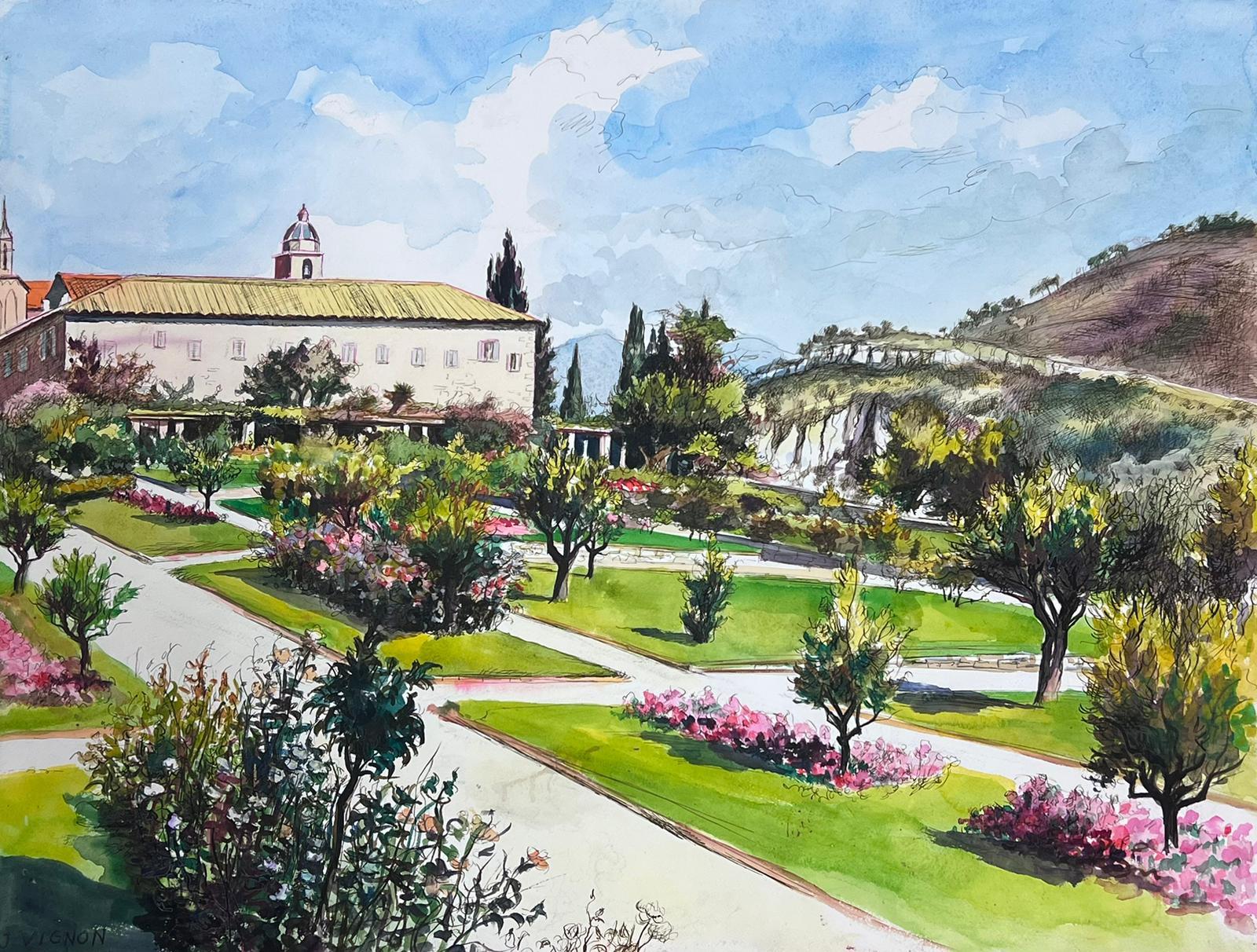 Provence Abbey Chateau Gärten in Südfrankreich Landschaft 1950's Gemälde