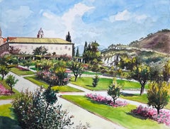 Provencal Abbey Chateau Gardens in South of France Landscape 1950's Painting